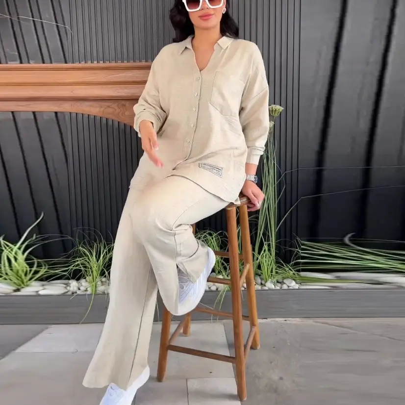 European American Plus Size Blue Wrinkle Long Sleeve Pants Set - Image 2
