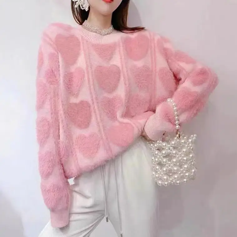 Mink Fur Heart Print Sweater for Women Turquoise — feature 3