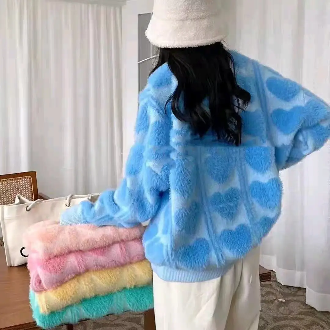 Mink Fur Heart Print Sweater for Women Turquoise - Image 2
