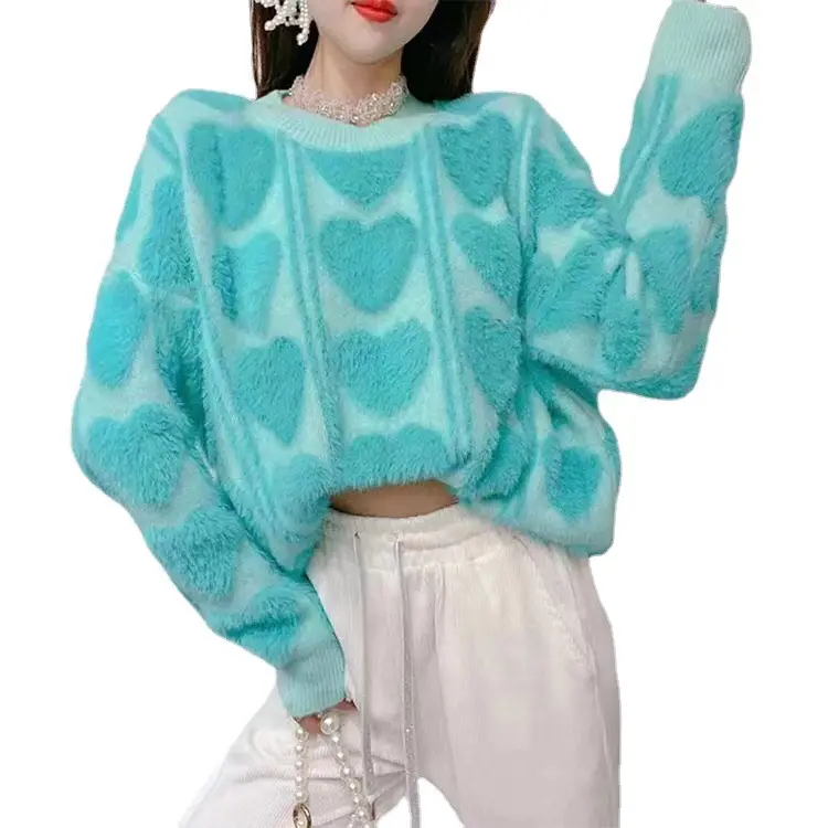 Mink Fur Heart Print Sweater for Women Turquoise - Image 6