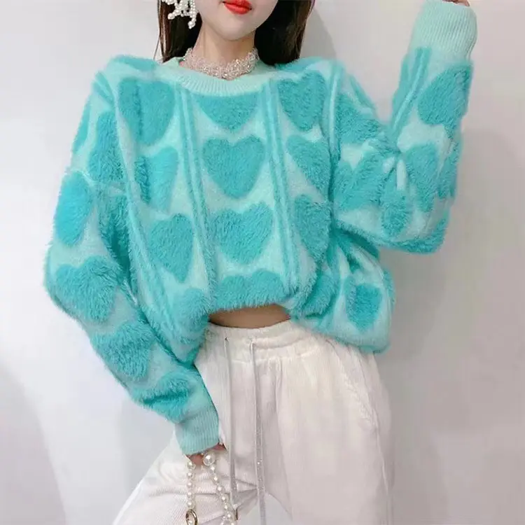 Mink Fur Heart Print Sweater for Women Turquoise - Image 4