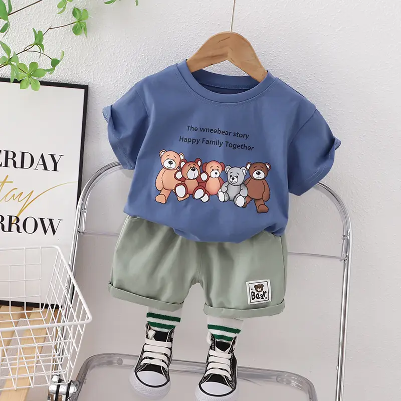 Children Blue T-Shirt & Green Shorts Set with Bear Print - Image 2
