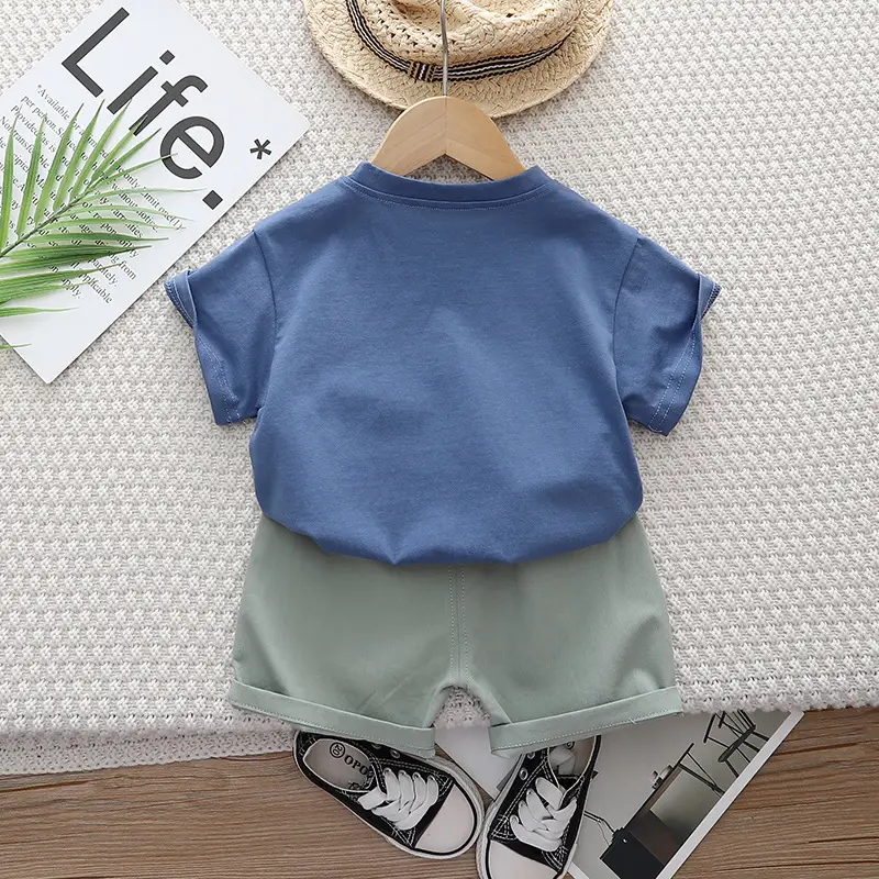 Children Blue T-Shirt & Green Shorts Set with Bear Print - Image 4