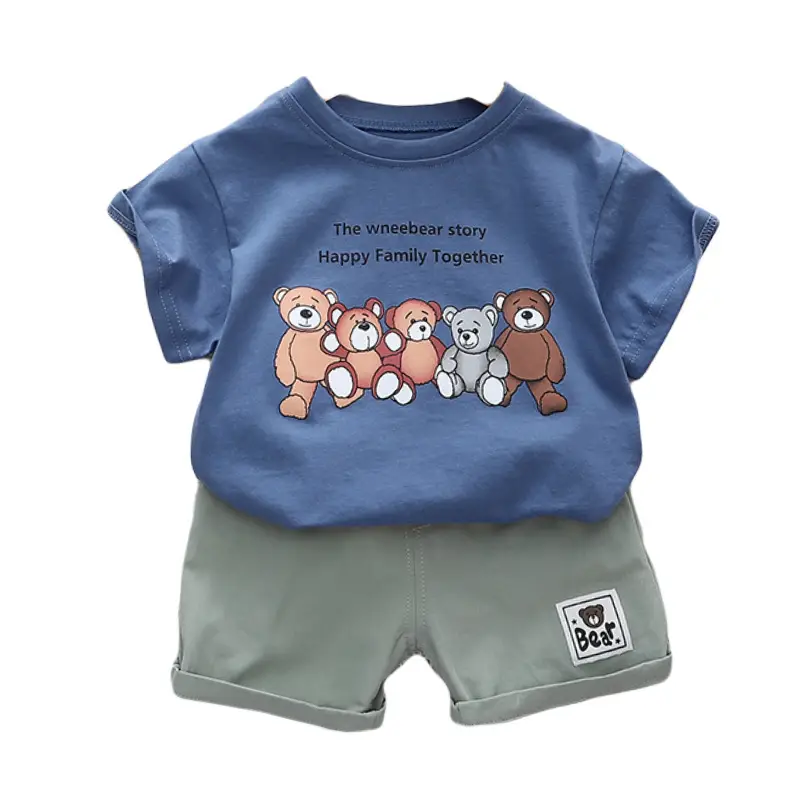 Children Blue T-Shirt & Green Shorts Set with Bear Print - Image 5
