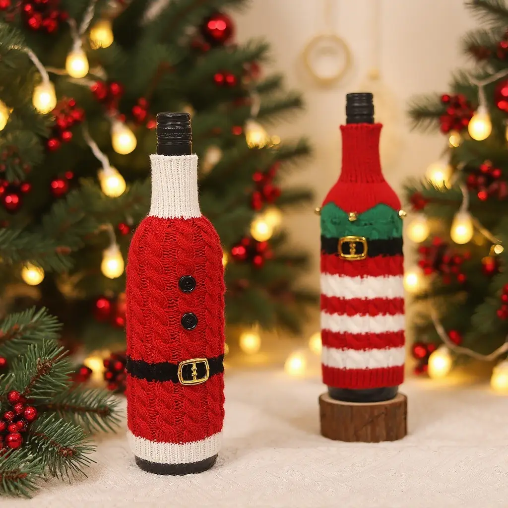 Christmas Belt Knitted Wine Bottle Set Red White - Image 5