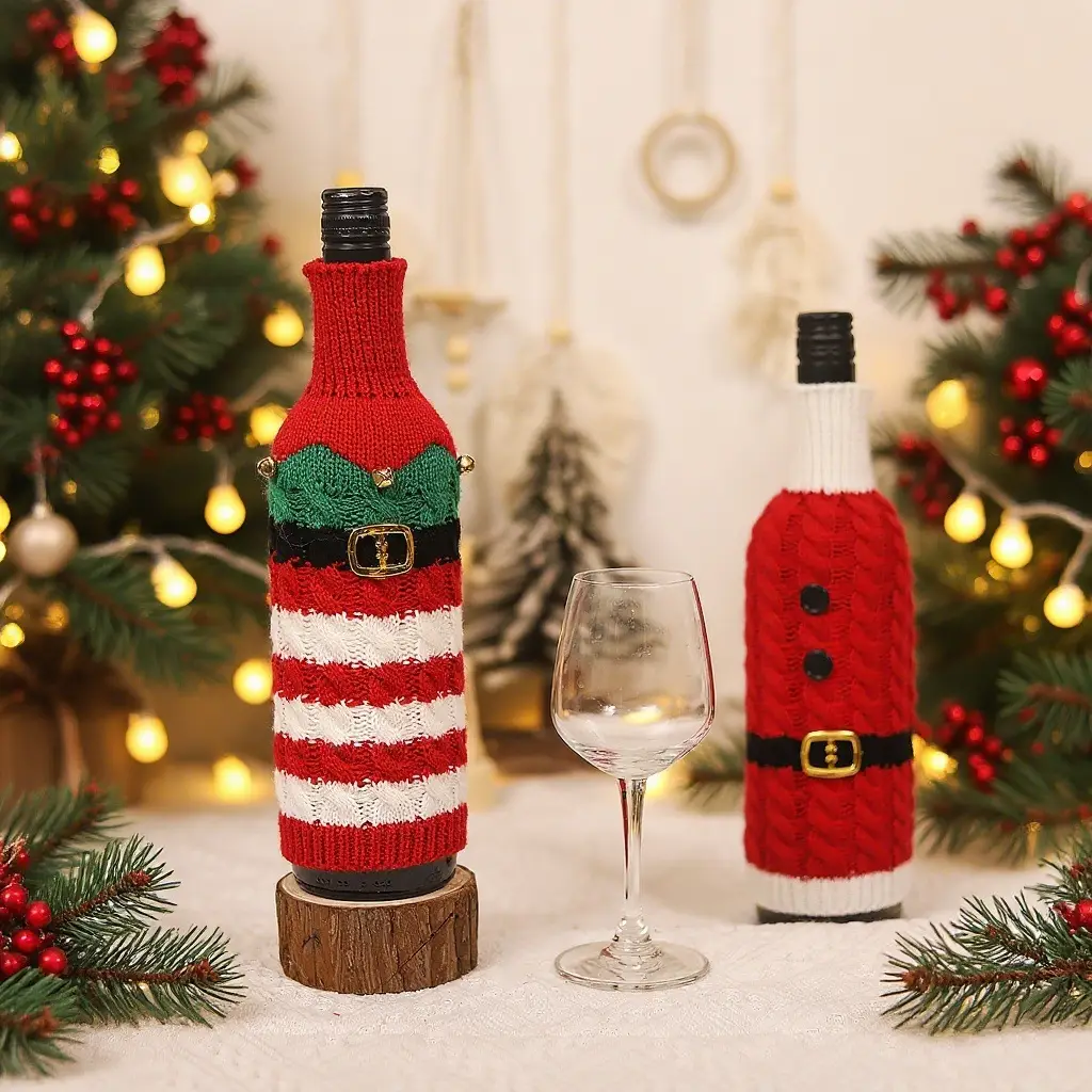 Christmas Belt Knitted Wine Bottle Set Red White - Image 6