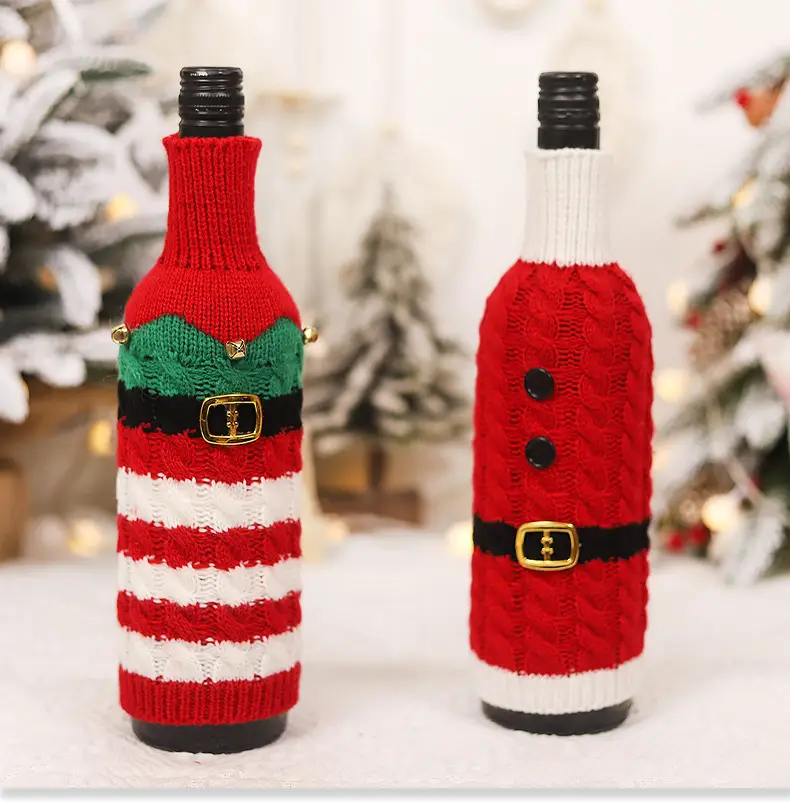 Christmas Belt Knitted Wine Bottle Set Red White — feature 1