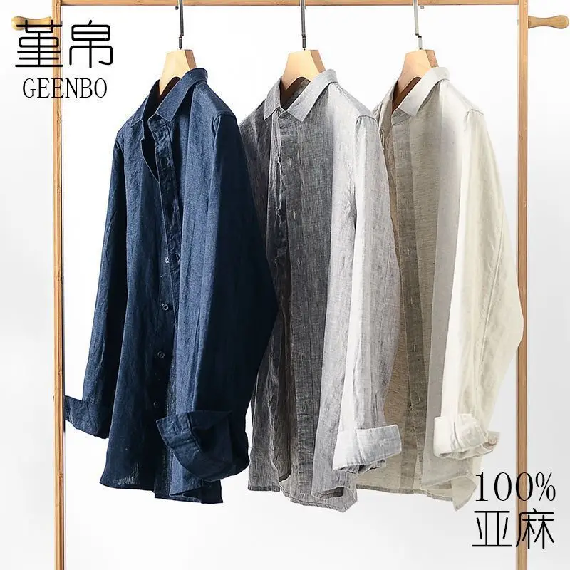 Men's Linen Lapel Shirt Cream Long Sleeve - Image 4