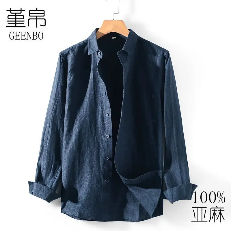 Men's Linen Lapel Shirt Cream Long Sleeve - Image 2