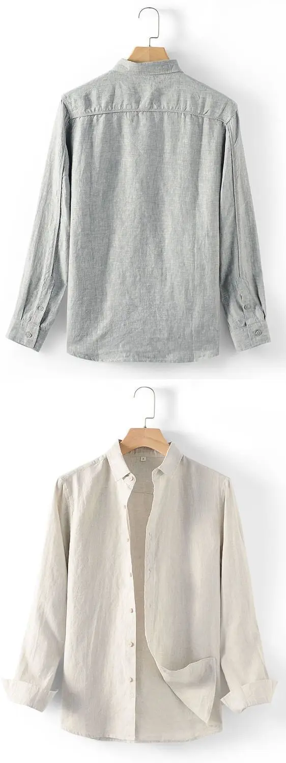 Men's Linen Lapel Shirt Cream Long Sleeve — feature 12