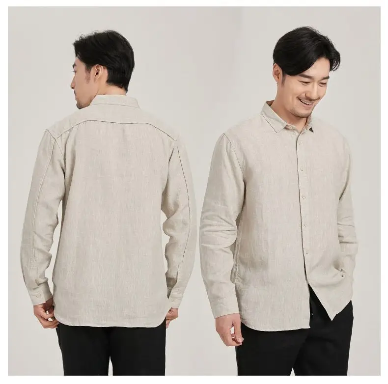 Men's Linen Lapel Shirt Cream Long Sleeve — feature 15