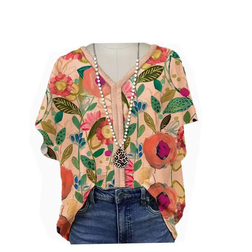 Women Floral V-Neck T-Shirt Short Printed Loose Spring Summer - Image 5