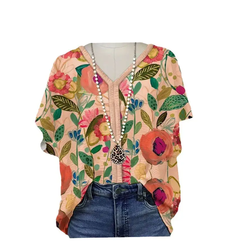 Women Floral V-Neck T-Shirt Short Printed Loose Spring Summer - Image 6