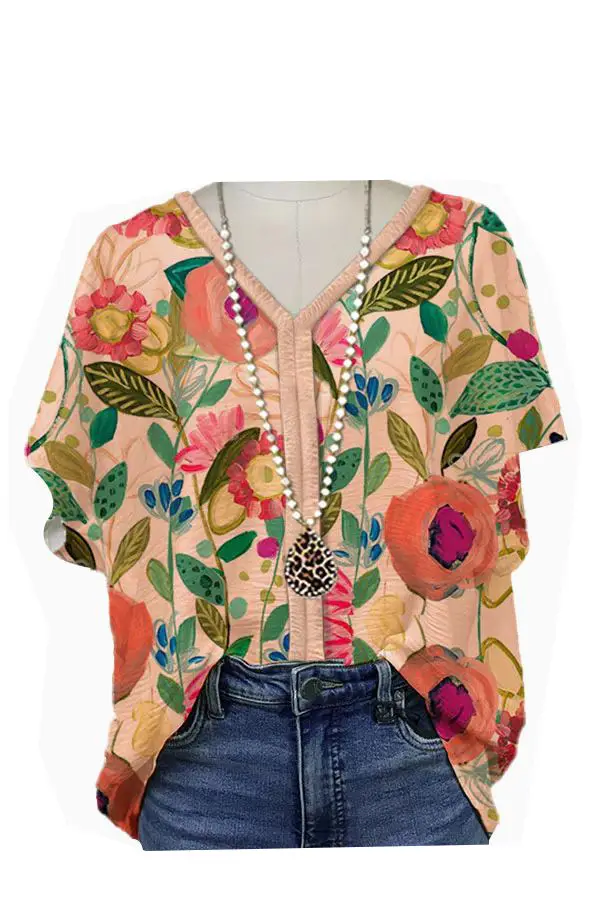 Women Floral V-Neck T-Shirt Short Printed Loose Spring Summer — feature 1
