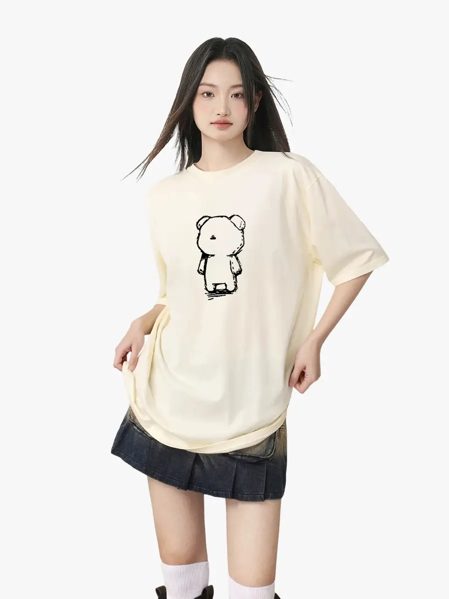 Pure Cotton Bear Print Women Summer T-Shirt White - Image 11