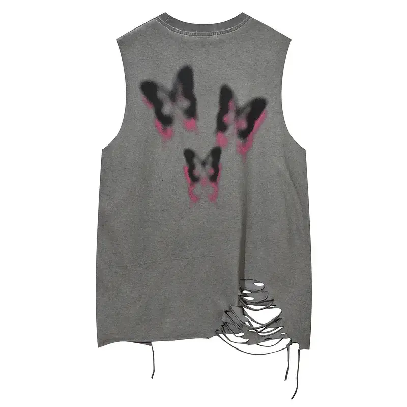 Men Sleeveless Butterfly T-Shirt Grey Cut Ripped Hole Belt Chain - Image 5