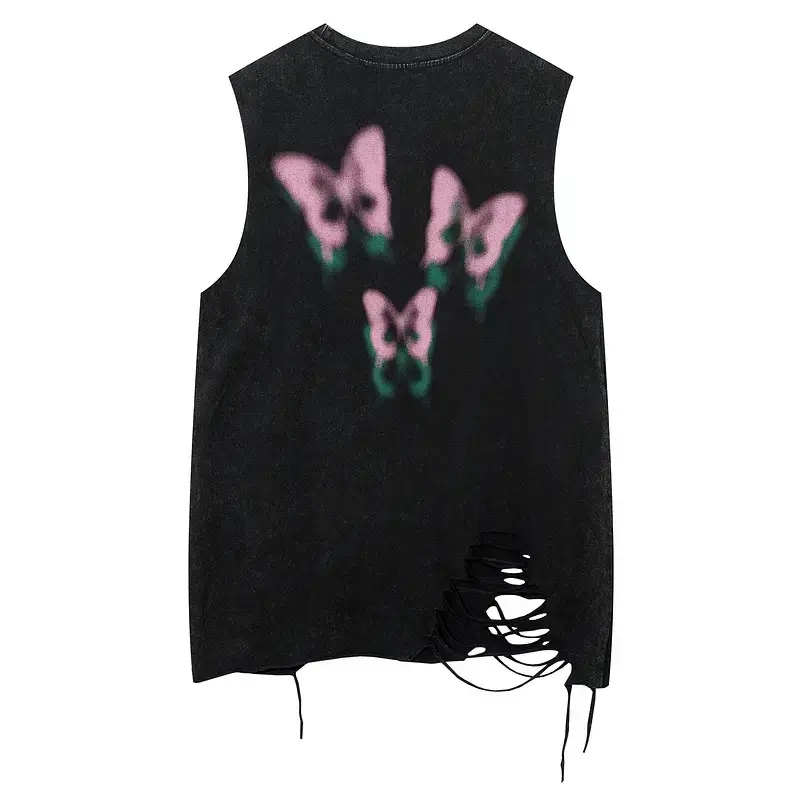 Men Sleeveless Butterfly T-Shirt Grey Cut Ripped Hole Belt Chain - Image 6