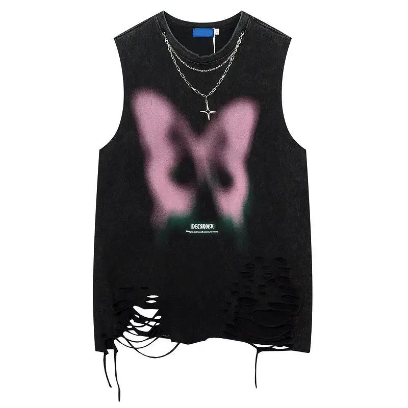 Men Sleeveless Butterfly T-Shirt Grey Cut Ripped Hole Belt Chain - Image 7