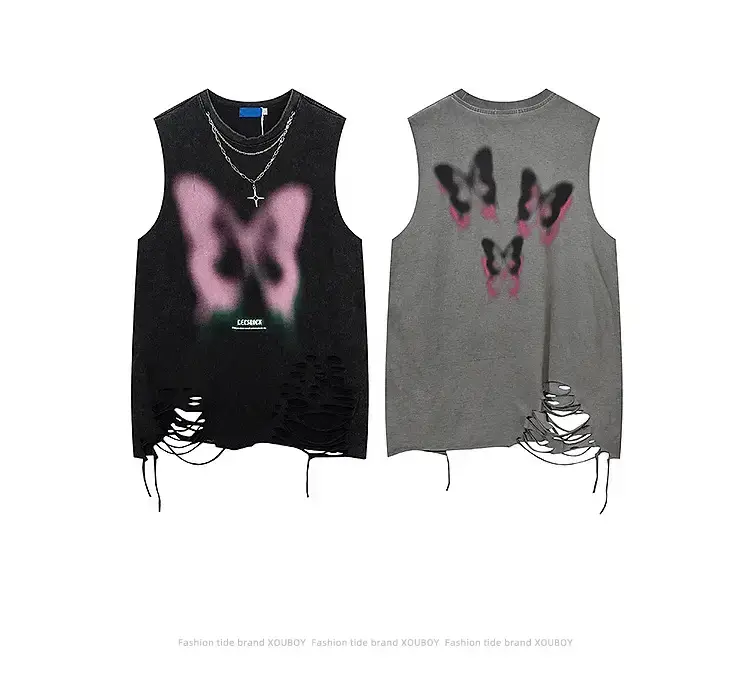 Men Sleeveless Butterfly T-Shirt Grey Cut Ripped Hole Belt Chain — feature 10