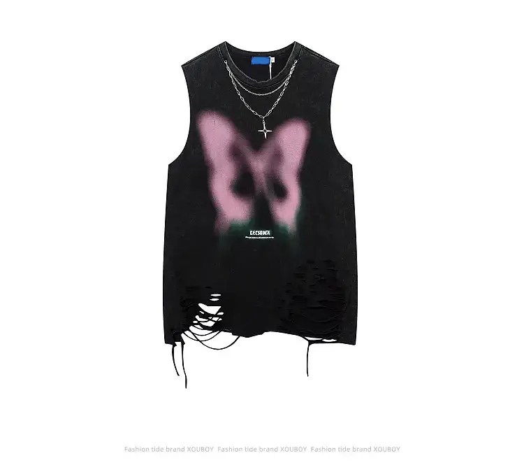 Men Sleeveless Butterfly T-Shirt Grey Cut Ripped Hole Belt Chain — feature 11