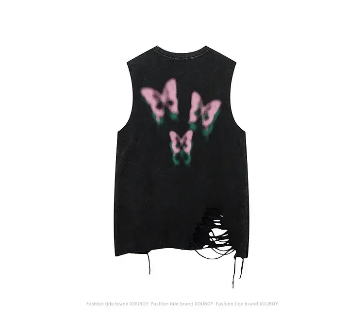 Men Sleeveless Butterfly T-Shirt Grey Cut Ripped Hole Belt Chain — feature 12