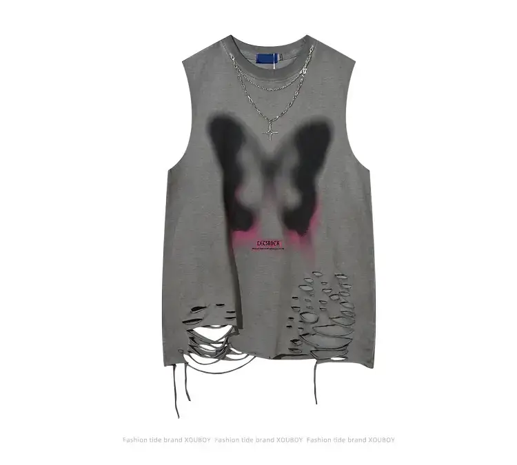 Men Sleeveless Butterfly T-Shirt Grey Cut Ripped Hole Belt Chain — feature 13