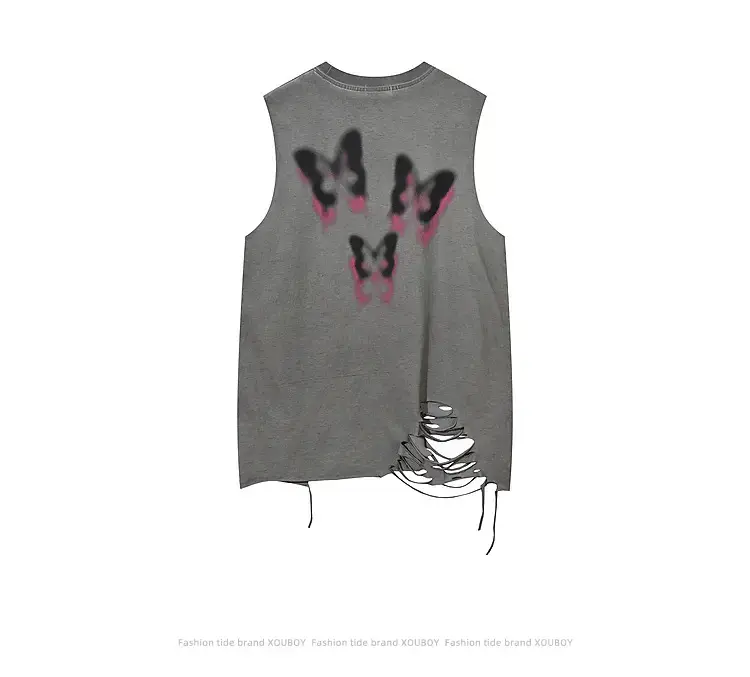 Men Sleeveless Butterfly T-Shirt Grey Cut Ripped Hole Belt Chain — feature 14