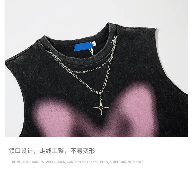 Men Sleeveless Butterfly T-Shirt Grey Cut Ripped Hole Belt Chain — feature 16