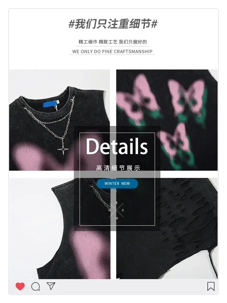 Men Sleeveless Butterfly T-Shirt Grey Cut Ripped Hole Belt Chain — feature 4