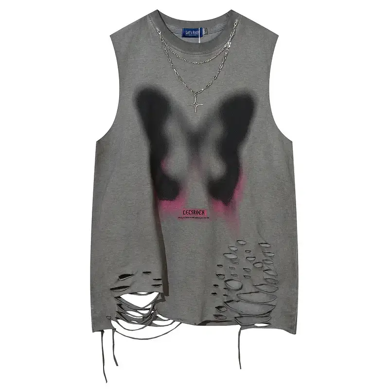 Men Sleeveless Butterfly T-Shirt Grey Cut Ripped Hole Belt Chain - Image 2