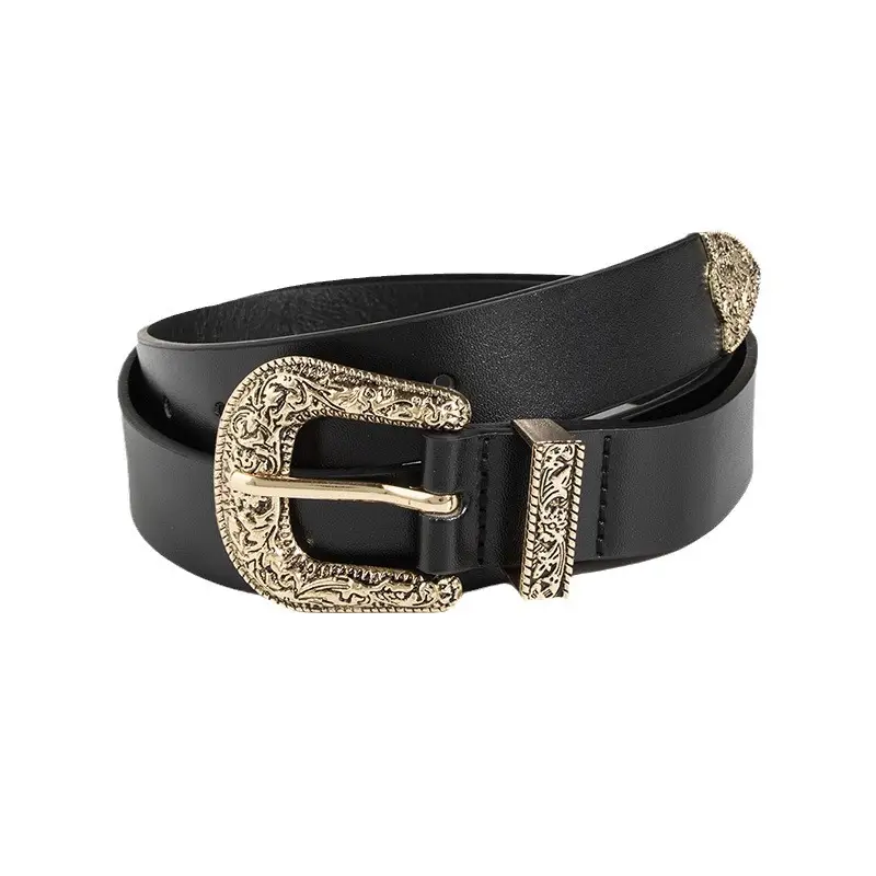 Black Carved Belt with Gold Buckle for Women - Image 16