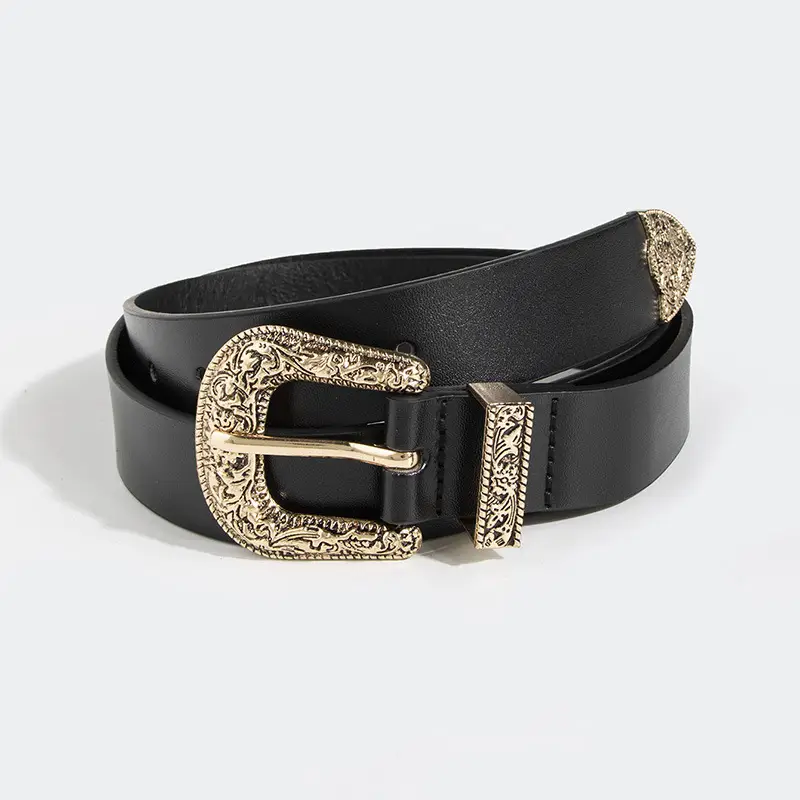 Black Carved Belt with Gold Buckle for Women - Image 2