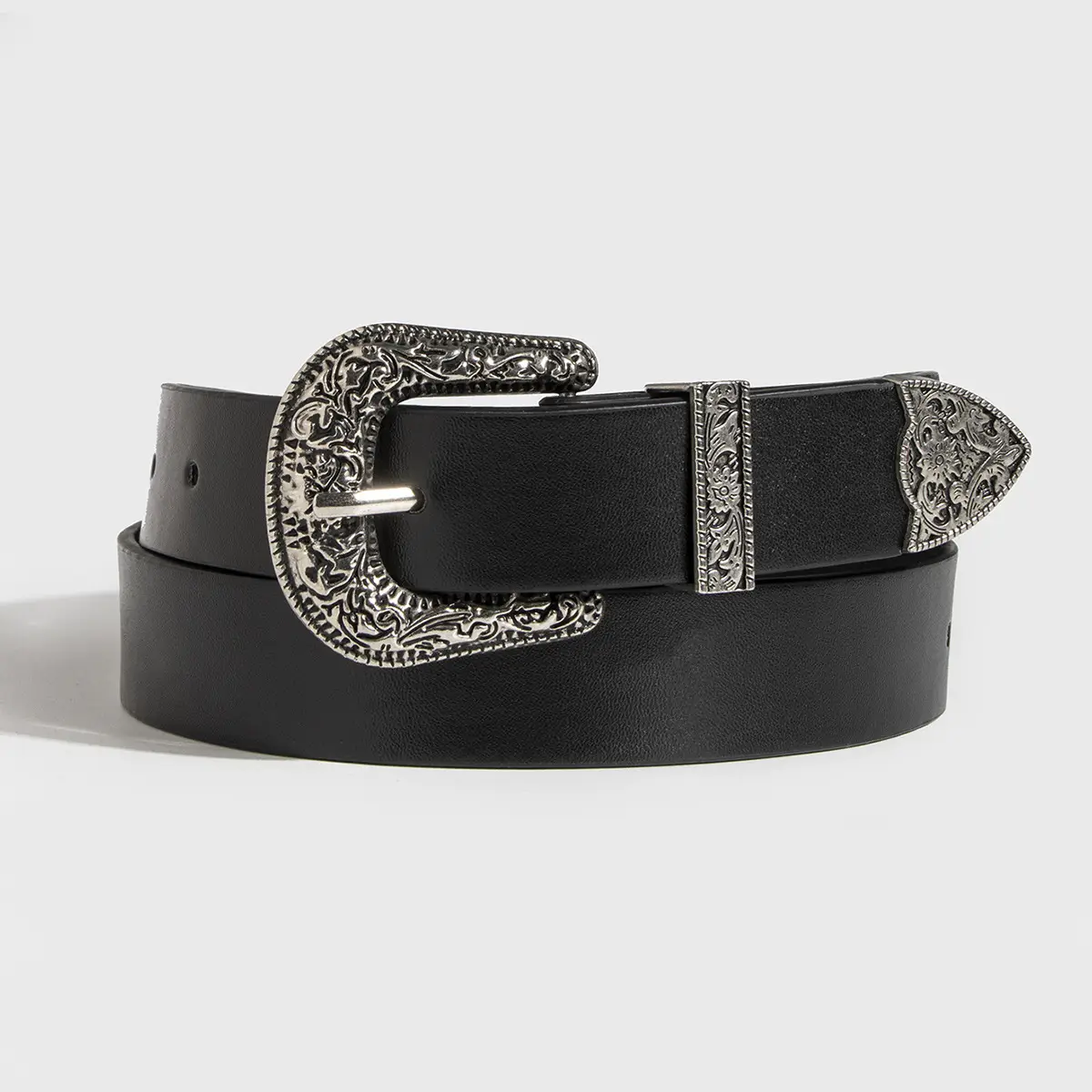 Black Carved Belt with Gold Buckle for Women