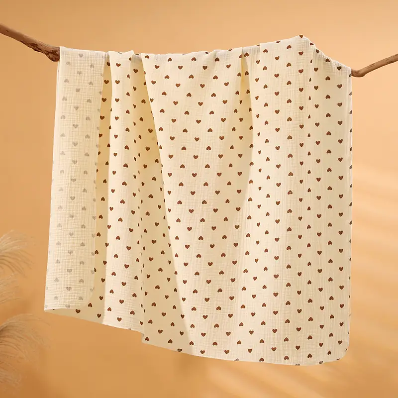 Baby Cotton Crepe Wrap Towel Cream Heart Print