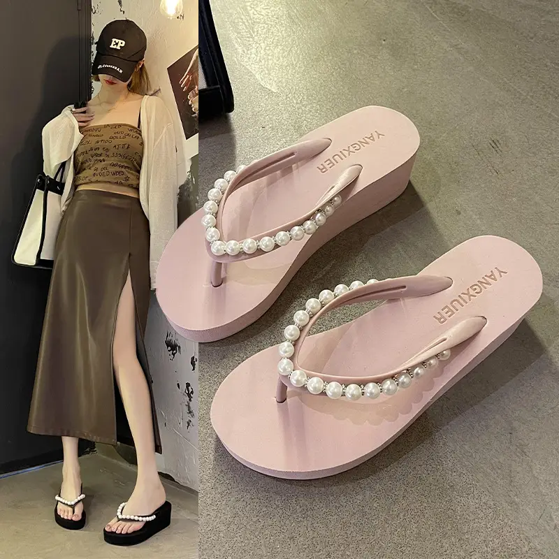 Women Pink Pearl Wedge Sandals - Image 10