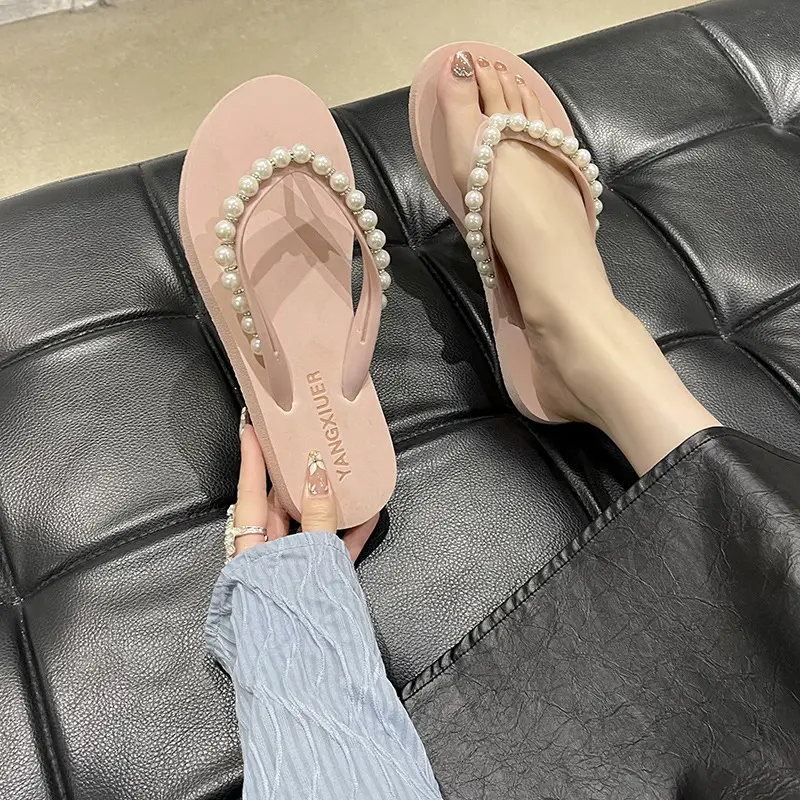 Women Pink Pearl Wedge Sandals - Image 5
