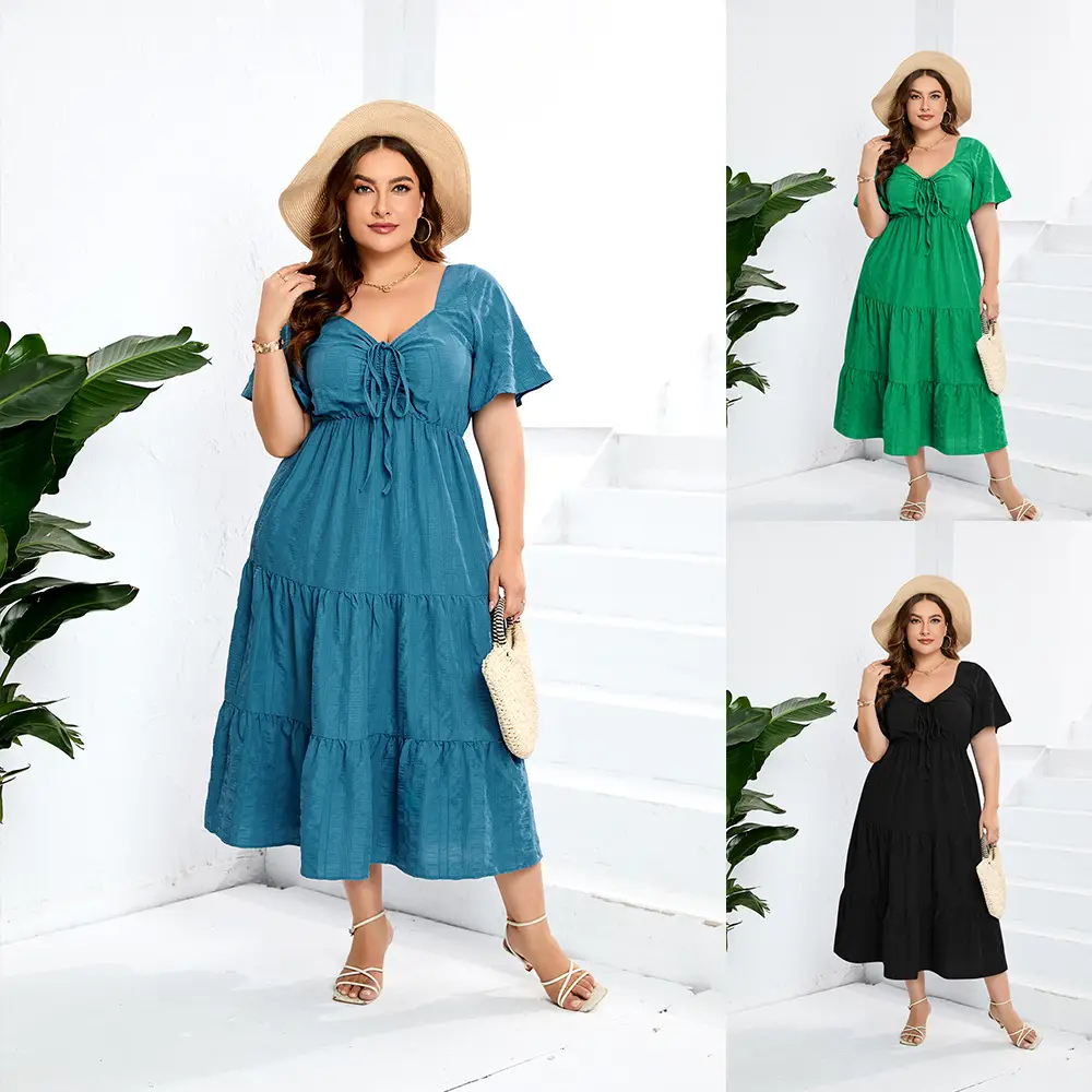 Black V-Neck High Waist Long Sleeve Dress Large