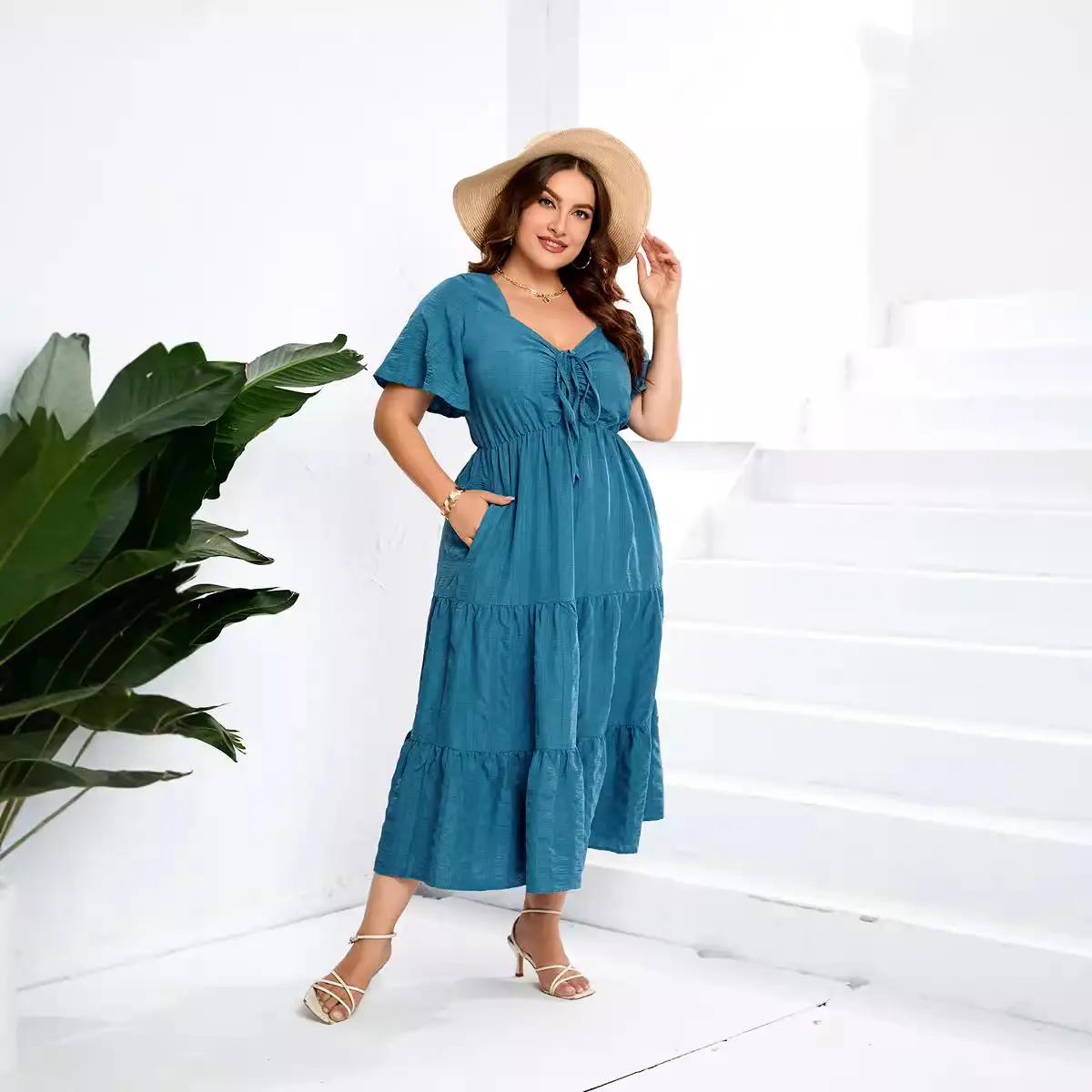 Black V-Neck High Waist Long Sleeve Dress Large
