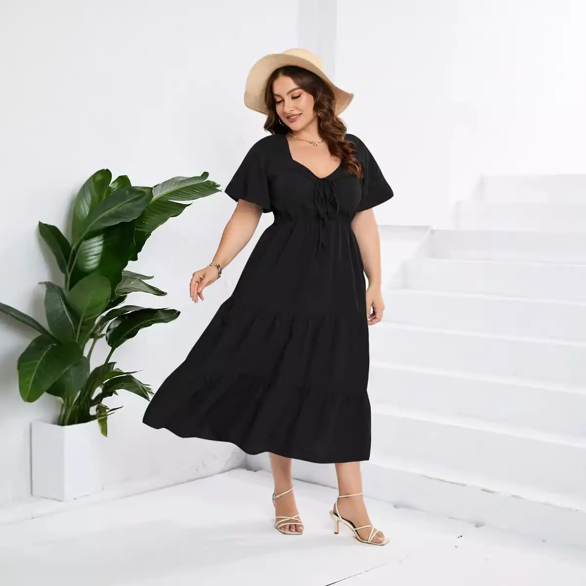 Black V-Neck High Waist Long Sleeve Dress Large