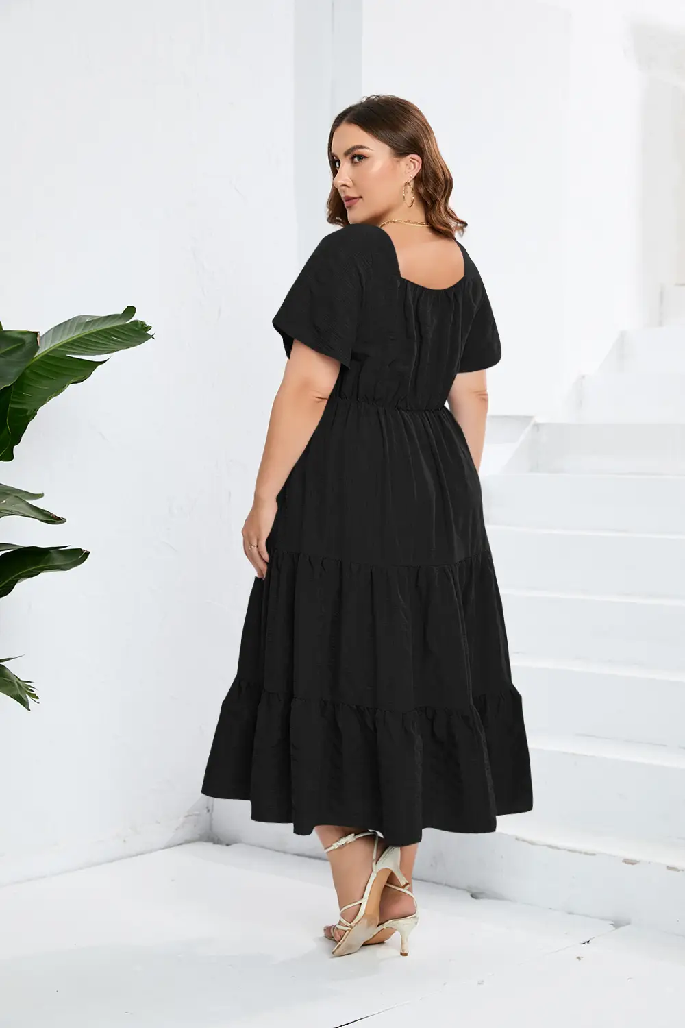 Black V-Neck High Waist Long Sleeve Dress Large — feature 11