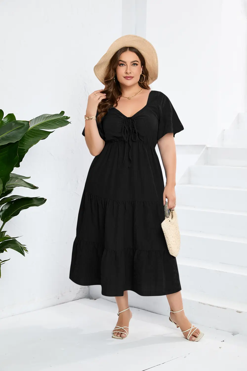 Black V-Neck High Waist Long Sleeve Dress Large — feature 12