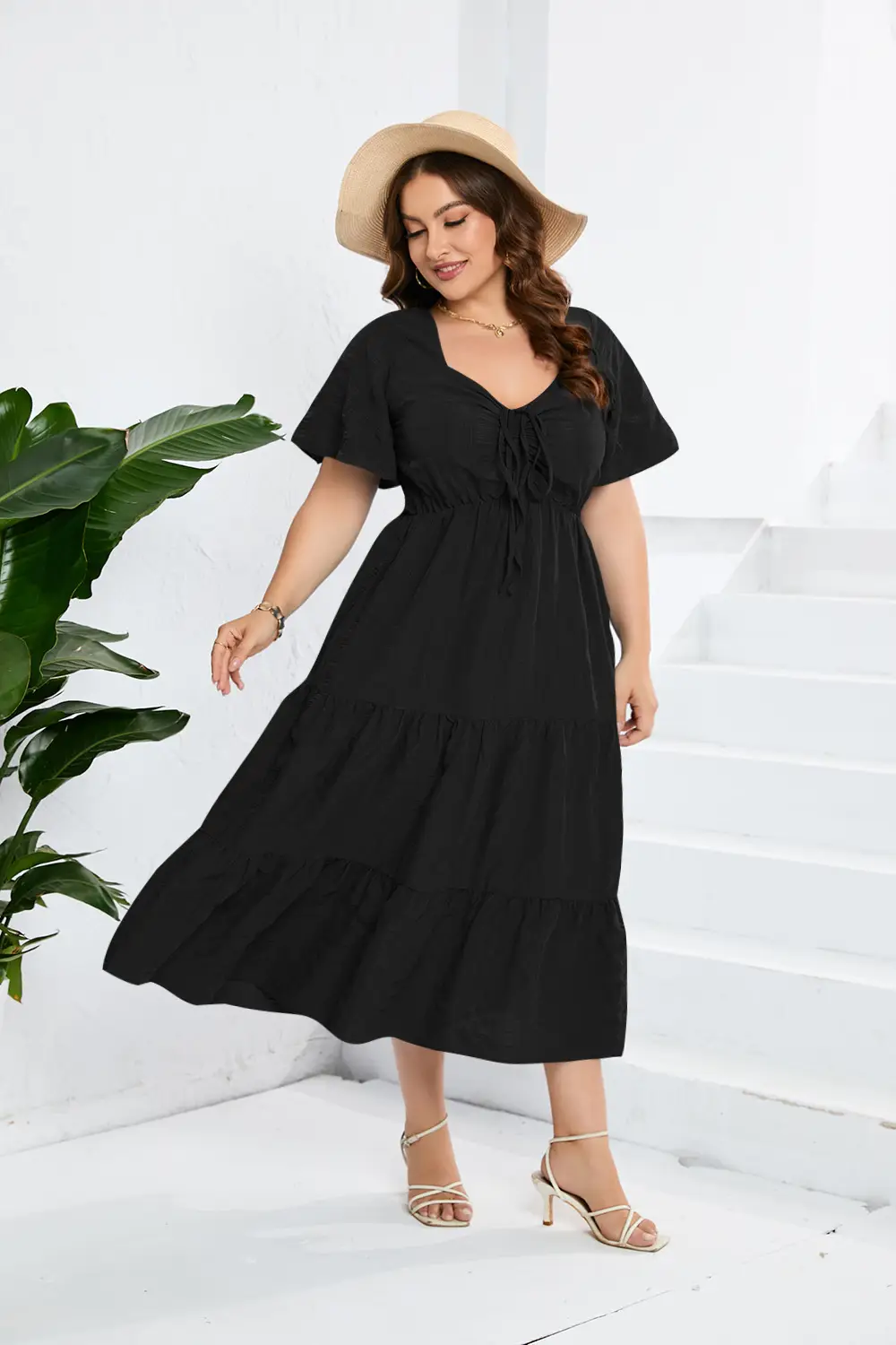 Black V-Neck High Waist Long Sleeve Dress Large — feature 14