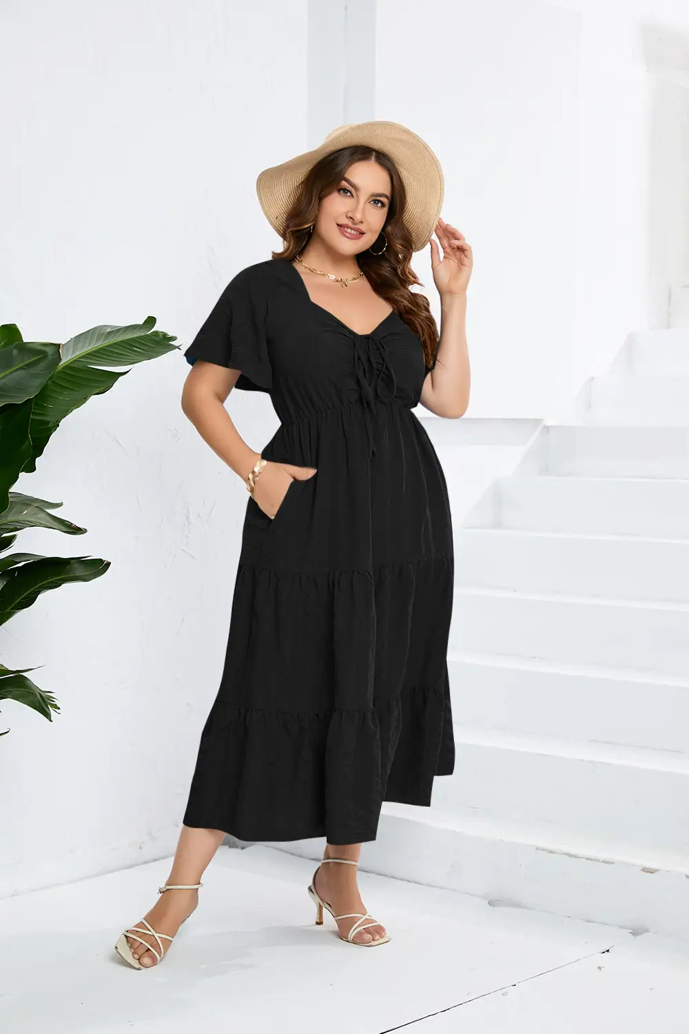 Black V-Neck High Waist Long Sleeve Dress Large — feature 15