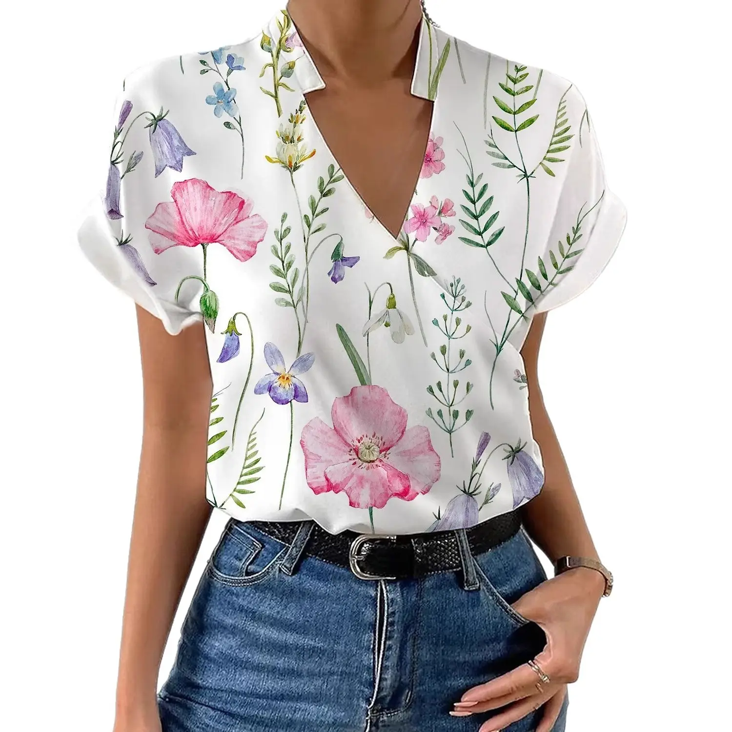 Women's Printed V-Neck Shirt with Floral Design - Image 7