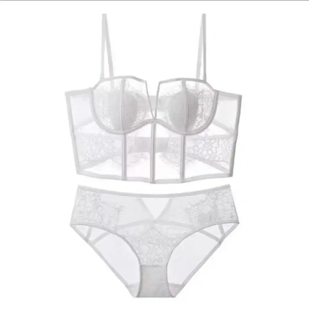 White Lace Push Up Bra Set with Fishbone Design - Image 9