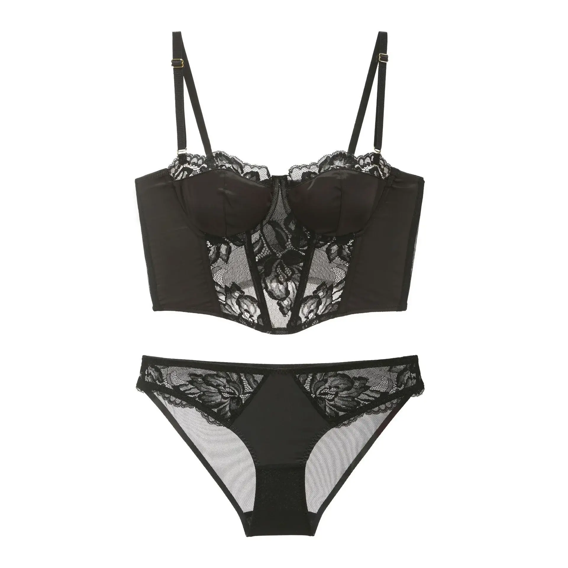 Black Satin Lace Fishbone Bra Set for Women
