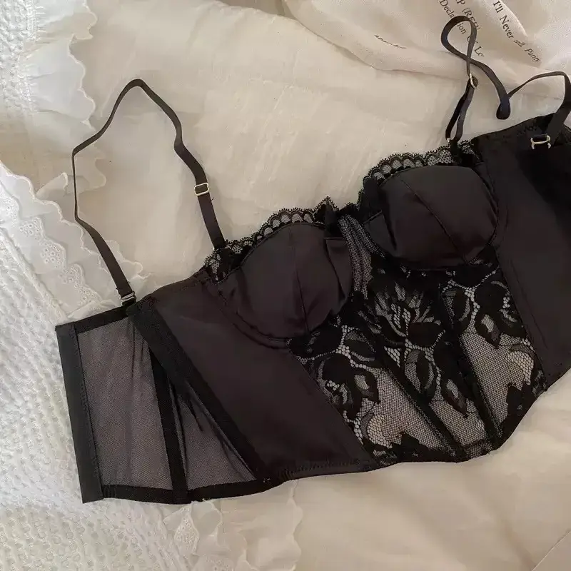 Black Satin Lace Fishbone Bra Set for Women — feature 7