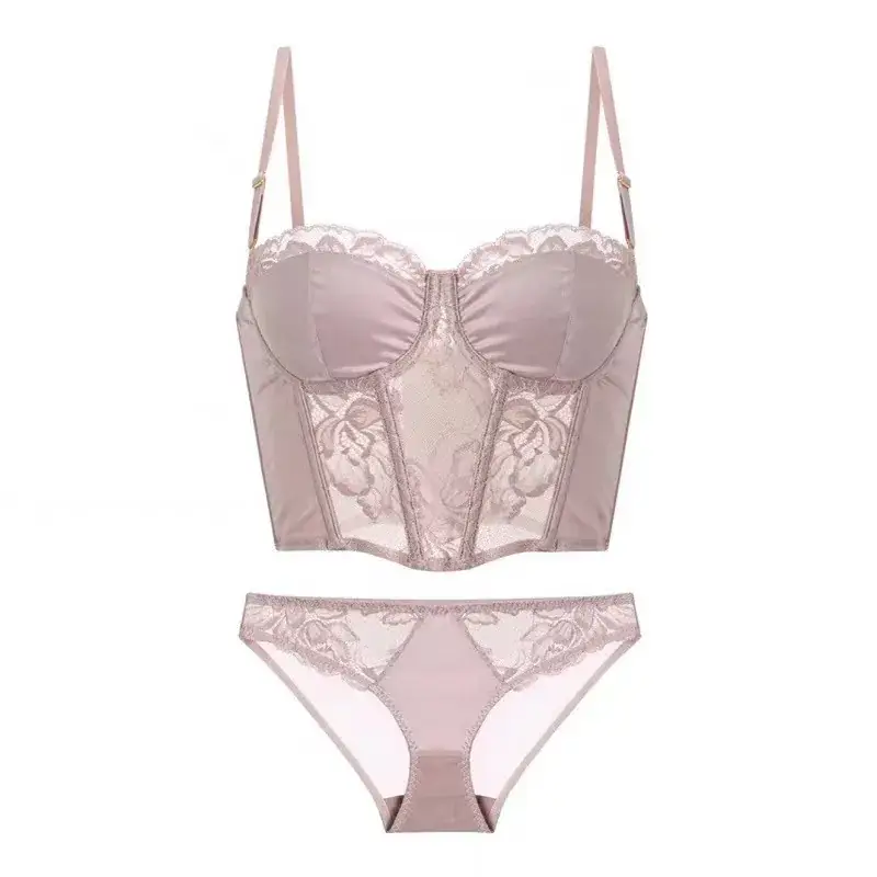 Black Satin Lace Fishbone Bra Set for Women