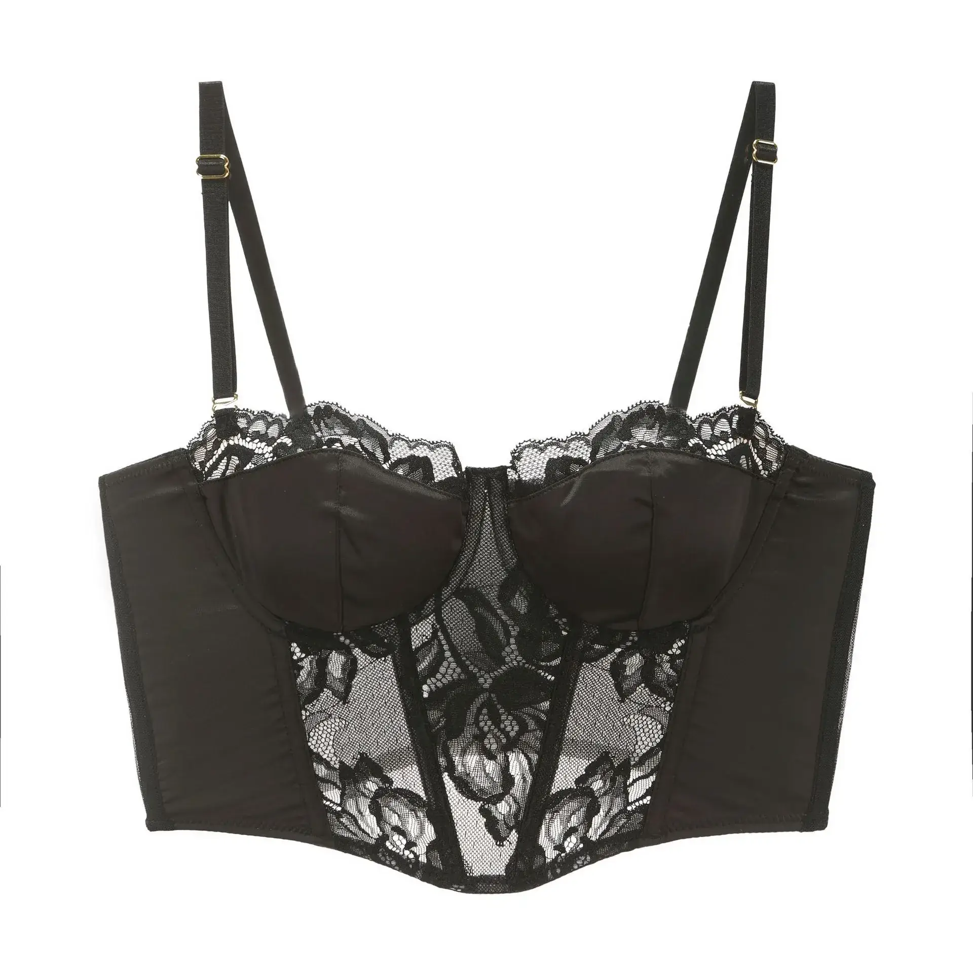 Black Satin Lace Fishbone Bra Set for Women