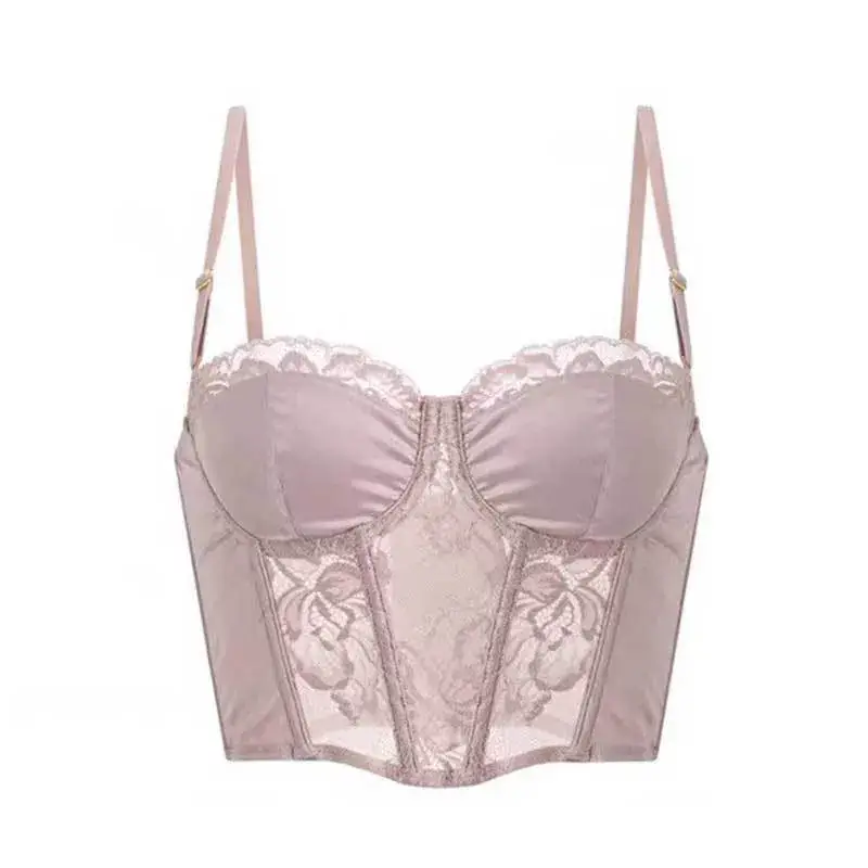Black Satin Lace Fishbone Bra Set for Women